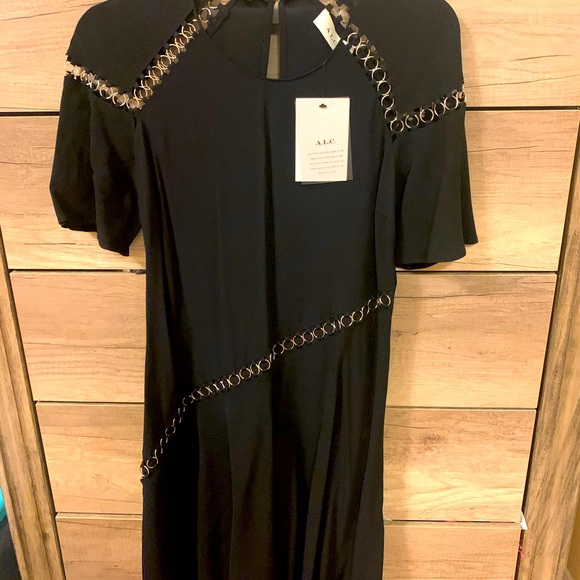ALC black crepe dress, silver metal detail. Size 0. New with Tags. - Picture 2 of 5